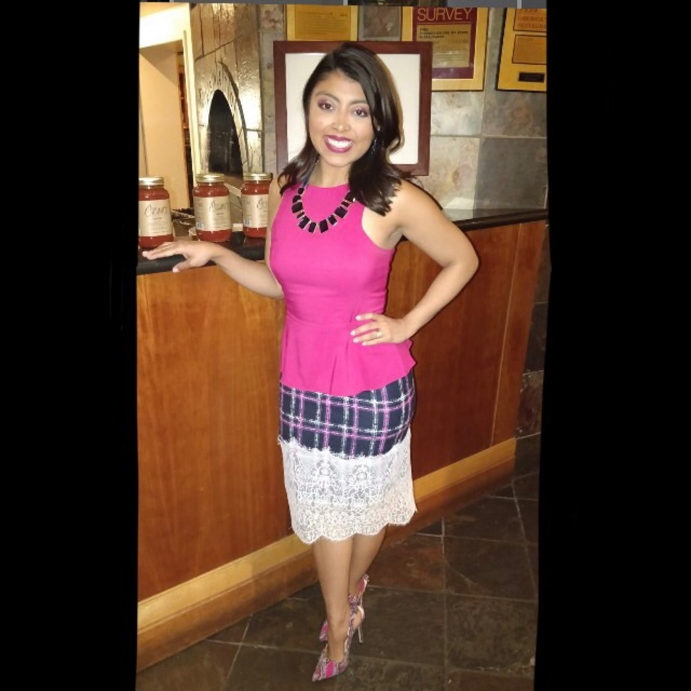 Navy blue / hot pink lace midi pencil skirt